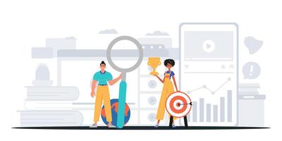 Two people holding a magnifying glass and a target vector