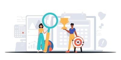 Two people holding a magnifying glass and a target vector