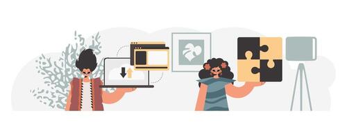 Two people holding up a laptop and a puzzle piece vector