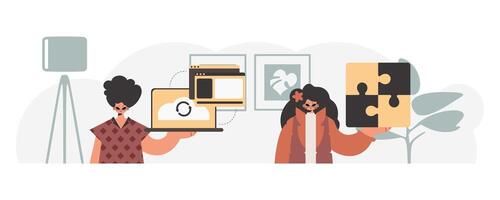 Two people holding up pieces of puzzle pieces vector