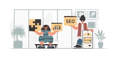 A man and woman holding up signs with the words seo vector
