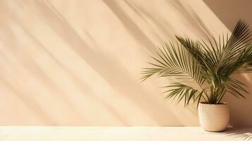 Blank beige wall with shadows of palm leaves and dappled sunlight. Minimal background for product display or product presentation. AI Generative photo