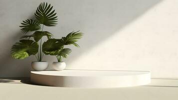 Blank beige wall with shadows of palm leaves and dappled sunlight. Minimal background for product display or product presentation. AI Generative photo