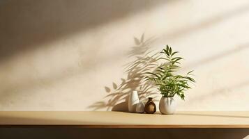 Minimal empty beige wall with counter table and plant on vase. Background scene for product display, product showcase, or product presentation. AI Generative photo