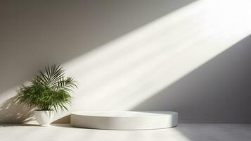 Blank white podium with white wall and plant. Background scene for product presentation. AI Generative photo