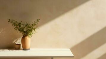 Minimal empty beige wall with counter table and plant on vase. Background scene for product display, product showcase, or product presentation. AI Generative photo