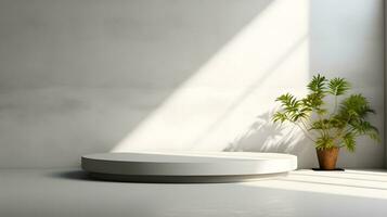 Blank white podium with white wall and plant. Background scene for product presentation. AI Generative photo