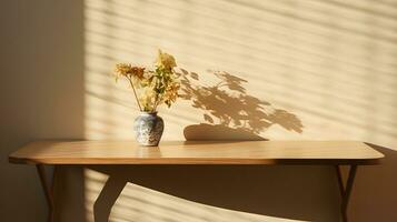 Minimal empty beige wall with counter table and plant on vase. Background scene for product display, product showcase, or product presentation. AI Generative photo