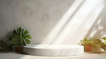 Blank white podium with white wall and plant. Background scene for product presentation. AI Generative photo