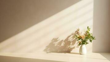 Minimal empty beige wall with counter table and plant on vase. Background scene for product display, product showcase, or product presentation. AI Generative photo