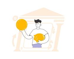 The guy holds a coin and a piggy bank in his hands. The theme of saving money. Linear modern style. vector