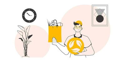 The concept of reasonable consumption. A man, a package with products and an eco logo. Linear style. vector