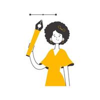 The girl designer holds a pen tool for 2D graphics in her hand. Linear trendy style. Isolated. . vector