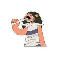 A woman is holding a magnifying glass. Search for information. Retro style character. vector