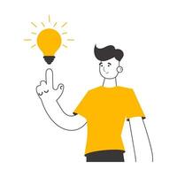 Man and light bulb. Idea concept. Vector. Isolated on white background. Line art style. vector