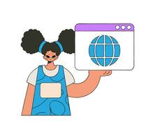 un brillante y elegante ilustración de un mujer participación un navegador ventana en su manos. brillante tendencia personaje. vector