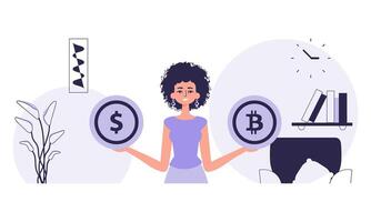 Bitcoin mining concept. A woman holds a bitcoin and a dollar in her hands. Character with a modern style. vector