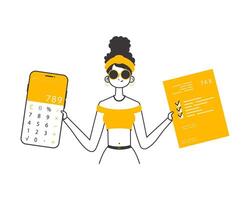 The girl is holding a calculator and a tax form in her hands. Minimalistic linear style. Isolated. Vector illustration.