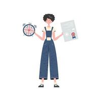 Woman teacher shows that it's time to learn English. The concept of learning English. Isolated. Trendy cartoon style. Vector illustration.