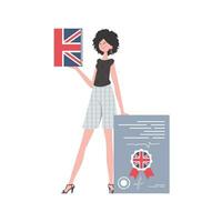 un mujer sostiene un Inglés diccionario y un certificado en su manos. el concepto de aprendizaje inglés. aislado. plano moderno estilo. vector ilustración.