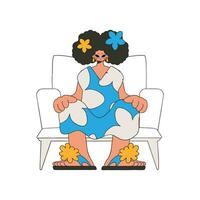 The woman is sitting in a chair. Rentro style character. vector