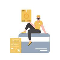 A male courier sits on a bank card and holds a box. Home products. Food delivery. Isolated. Trendy flat style. Vector. vector