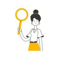 The girl is holding a magnifying glass in her hands. Search concept. Line art style. Isolated. Vector illustration.