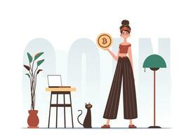 Cryptocurrency concept. A woman holds a bitcoin in her hands. Character in modern trendy style. vector