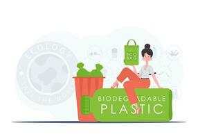 el concepto de ecología y cuidado para el ambiente. un mujer se sienta en un botella hecho de biodegradable el plastico y sostiene un eco bolso en su manos. tendencia estilo.vector ilustración. vector