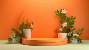 Minimal podium with plant for display product, product showcase, product exhibition, or product presentation. AI Generative photo
