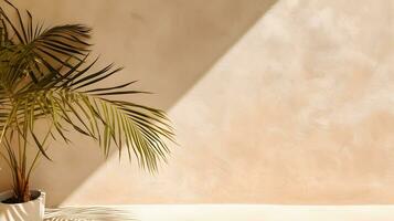 Blank beige wall with shadows of palm leaves and dappled sunlight. Minimal background for product display or product presentation. AI Generative photo