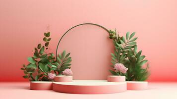 Minimal podium with plant for display product, product showcase, product exhibition, or product presentation. AI Generative photo