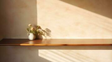 Minimal empty beige wall with counter table and plant on vase. Background scene for product display, product showcase, or product presentation. AI Generative photo