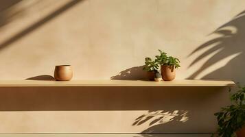 Minimal empty beige wall with counter table and plant on vase. Background scene for product display, product showcase, or product presentation. AI Generative photo