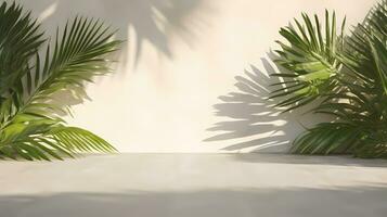 Blank beige wall with shadows of palm leaves and dappled sunlight. Minimal background for product display or product presentation. AI Generative photo