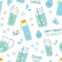 Vector drink more water seamless pattern. Trendy water print with glass, jar, jug and bottle of water with cucumber and lemon on white background. Dont forget to hydrate. Wrapping design.