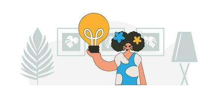 Fashionable girl holding a light bulb. Idea concept. trendy character. vector