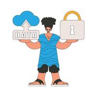 Person with cloud storage and a lock to protect data. vector