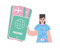 Travel of Dreams. Energized woman with Around the world id and Carrier Tickets. vector