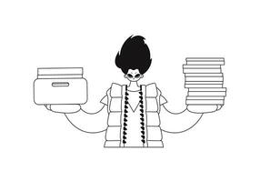 Person holding stacks of papers in straight line arrangement. Vector ilustration.