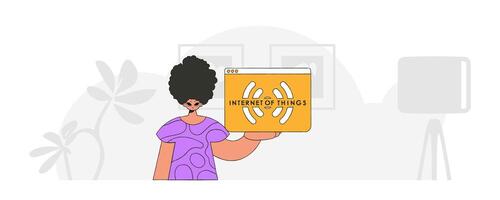 Person on floor with IoT symbol, modern character look. vector