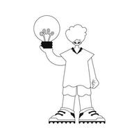 Man holds light bulb in hands, signifying concept of ideas. Linear style vector illustration.