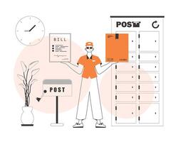 A man holds a parcel and a check in his hands. Parcel delivery concept. Linear modern style. vector