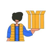 An attractive man is holding a box. Understanding the process of parcel and cargo delivery. vector