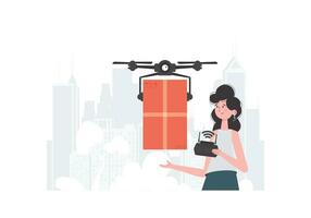 A woman controls a quadcopter with a parcel. The concept of cargo delivery by air. trendy style. Vector. vector