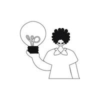 Man holds light bulb in hands, signifying idea. linear style, vector illustration.