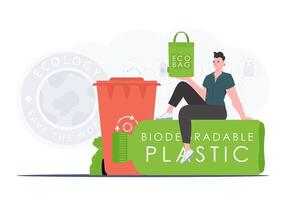 Concept of green world and ecology. A man sits on a bottle made of biodegradable plastic and holds an ECO BAG in his hands. Trend style.Vector illustration. vector