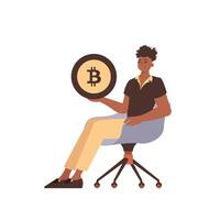 el chico es sentado en un silla y participación un bitcoin moneda en su manos. personaje en de moda estilo. vector