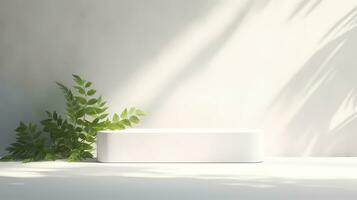 Minimal white podium on white wall background with leaves for advertising product display, product presentation, and product showcase. AI Generative photo