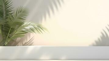 Minimal white podium on white wall background with leaves for advertising product display, product presentation, and product showcase. AI Generative photo